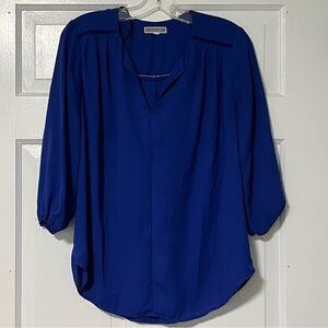 Pleione cobalt Blue Women's quarter sleeve 3/4 sleeve split neck Blouse
